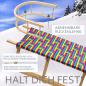 Preview: BAMBINIWELT Holzschlitten, Hörnerrodel mit Zugseil und Rückenlehne, Sitzfläche aus Kunstfasern im Regenbogendesign, 120cm