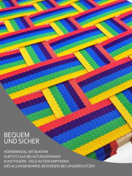 BAMBINIWELT Holzschlitten, Hörnerrodel mit Zugseil, Sitzfläche aus Kunstfasern im Regenbogendesign, 100cm + GRATIS