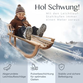 BAMBINIWELT Holzschlitten, Kinderschlitten mit Rückenlehne + Zugleine aus Holz