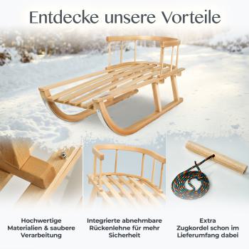 BAMBINIWELT Holzschlitten, Kinderschlitten mit Rückenlehne + Zugleine aus Holz