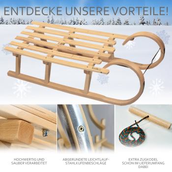 Preview: BAMBINIWELT Holzschlitten, Hörnerrodel mit Zugseil, aus naturlackierten Buchenholz, Metallkufen,120cm