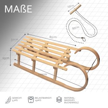 BAMBINIWELT Holzschlitten, Hörnerrodel mit Zugseil, aus naturlackierten Buchenholz, Metallkufen,120cm