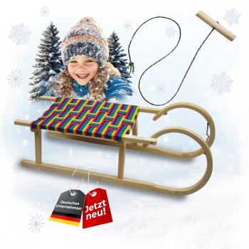 BAMBINIWELT Holzschlitten, Hörnerrodel mit Zugseil, Sitzfläche aus Kunstfasern im Regenbogendesign, 100cm