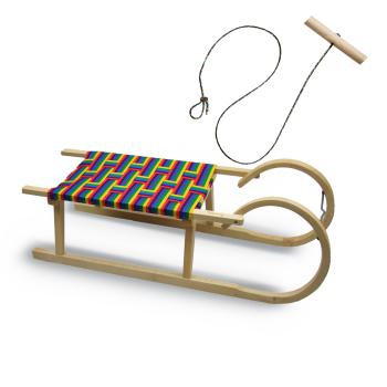 BAMBINIWELT Holzschlitten, Hörnerrodel mit Zugseil, Sitzfläche aus Kunstfasern im Regenbogendesign, 100cm