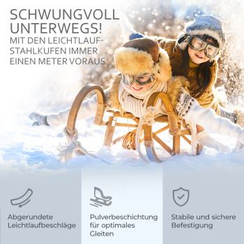 BAMBINIWELT Holzschlitten, Hörnerrodel mit Rückenlehne und Zugseil, Sitzfläche aus Kunstfasern im Regenbogendesign, 100cm