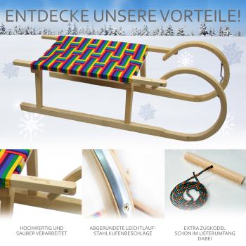 Preview: BAMBINIWELT Holzschlitten, Hörnerrodel mit Zugseil, Sitzfläche aus Kunstfasern im Regenbogendesign, 100cm