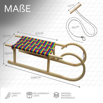 Preview: BAMBINIWELT Holzschlitten, Hörnerrodel mit Zugseil, Sitzfläche aus Kunstfasern im Regenbogendesign, 100cm