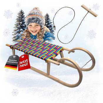 BAMBINIWELT Holzschlitten, Hörnerrodel mit Zugseil, Sitzfläche aus Kunstfasern im Regenbogendesign, 120cm