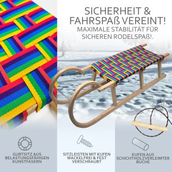 Preview: BAMBINIWELT Holzschlitten, Hörnerrodel mit Zugseil, Sitzfläche aus Kunstfasern im Regenbogendesign, 120cm