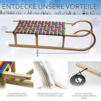 Preview: BAMBINIWELT Holzschlitten, Hörnerrodel mit Zugseil, Sitzfläche aus Kunstfasern im Regenbogendesign, 120cm