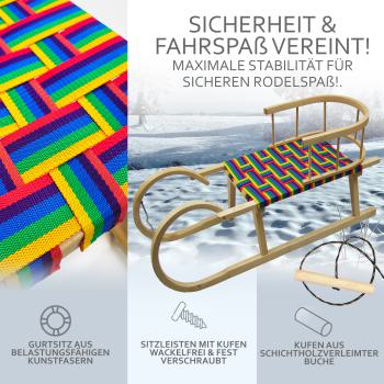 Preview: BAMBINIWELT Holzschlitten, Hörnerrodel mit Rückenlehne und Zugseil, Sitzfläche aus Kunstfasern im Regenbogendesign, 100cm