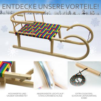 Preview: BAMBINIWELT Holzschlitten, Hörnerrodel mit Rückenlehne und Zugseil, Sitzfläche aus Kunstfasern im Regenbogendesign, 100cm