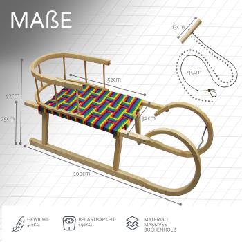 BAMBINIWELT Holzschlitten, Hörnerrodel mit Rückenlehne und Zugseil, Sitzfläche aus Kunstfasern im Regenbogendesign, 100cm