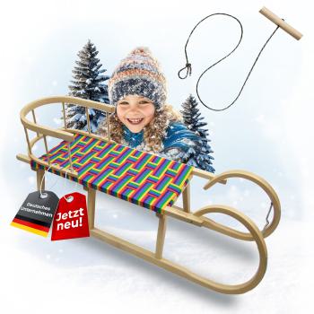 BAMBINIWELT Holzschlitten, Hörnerrodel mit Zugseil und Rückenlehne, Sitzfläche aus Kunstfasern im Regenbogendesign, 120cm