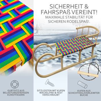 Preview: BAMBINIWELT Holzschlitten, Hörnerrodel mit Zugseil und Rückenlehne, Sitzfläche aus Kunstfasern im Regenbogendesign, 120cm