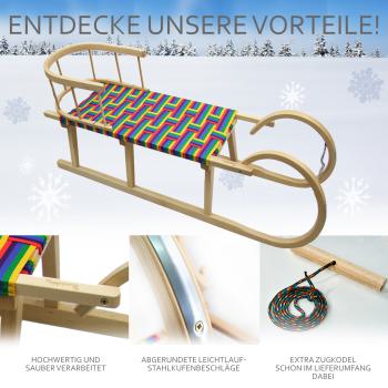 Preview: BAMBINIWELT Holzschlitten, Hörnerrodel mit Zugseil und Rückenlehne, Sitzfläche aus Kunstfasern im Regenbogendesign, 120cm