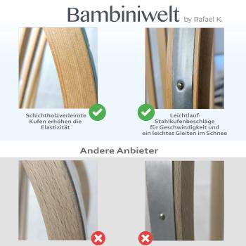 BAMBINIWELT Holzschlitten, Hörnerrodel mit Zugseil und Rückenlehne, Sitzfläche aus Kunstfasern im Regenbogendesign, 120cm