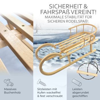 BAMBINIWELT Holzschlitten, Hörnerrodel mit Rückenlehne und Zugseil, aus naturlackierten Buchenholz, Metallkufen, 100cm