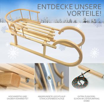 BAMBINIWELT Holzschlitten, Hörnerrodel mit Rückenlehne und Zugseil, aus naturlackierten Buchenholz, Metallkufen, 100cm