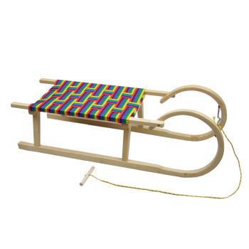 BAMBINIWELT Holzschlitten, Hörnerrodel mit Zugseil, Sitzfläche aus Kunstfasern im Regenbogendesign, 100cm