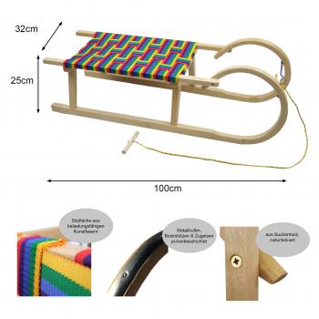 BAMBINIWELT Holzschlitten, Hörnerrodel mit Zugseil, Sitzfläche aus Kunstfasern im Regenbogendesign, 100cm