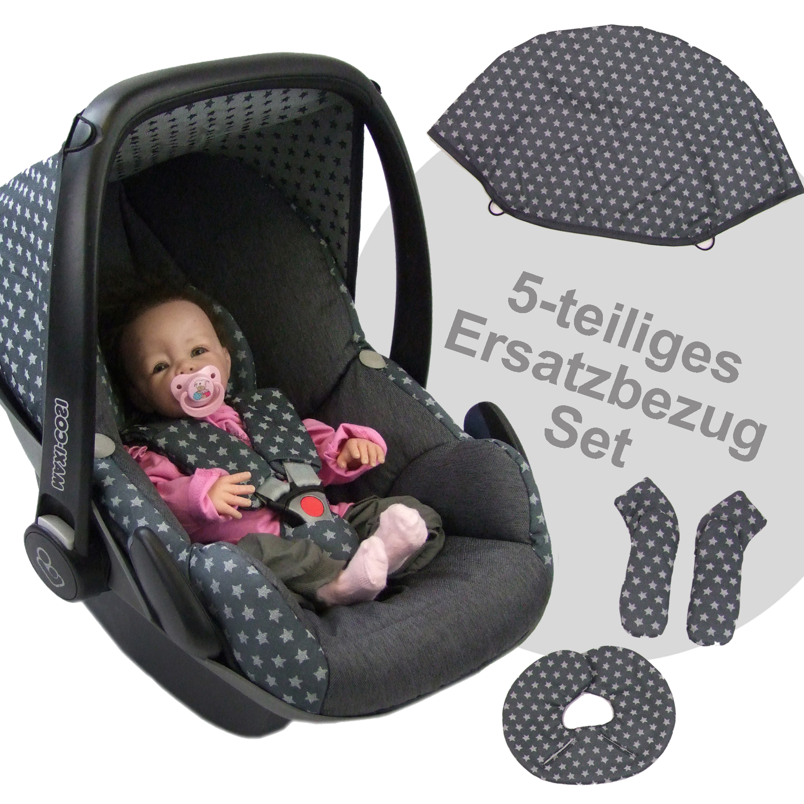 Bezug für Babyschale BAMBINIWELT Ersatzbezug für Maxi-Cosi PEBBLE 5-tlg Komplett-Set STERNE TÜRKIS *NEU* 