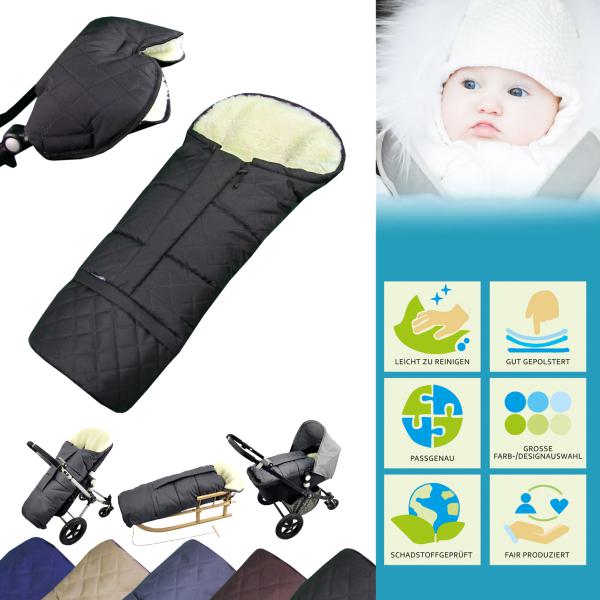 BAMBINIWELT Winterfußsack in Mumienform + universaler Muff/Handwärmer für Kinderwagen und Buggy, Wolle, Design RAUTE