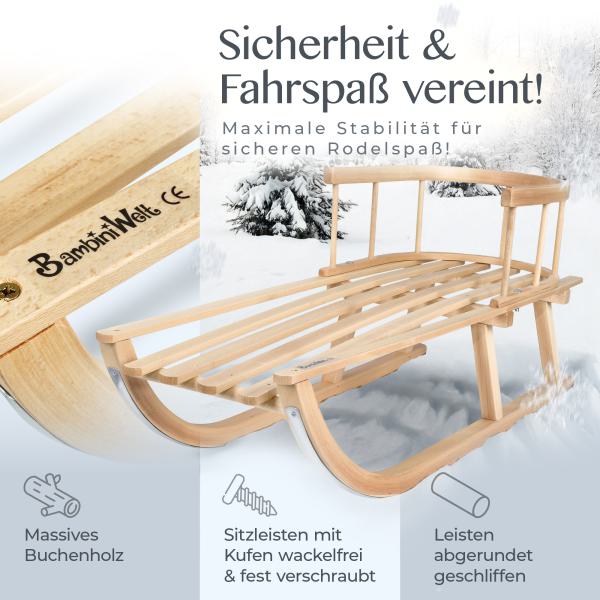 BAMBINIWELT Holzschlitten, Kinderschlitten mit Rückenlehne + Zugleine aus Holz
