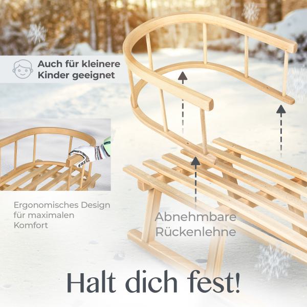 BAMBINIWELT Holzschlitten, Kinderschlitten mit Rückenlehne + Zugleine aus Holz