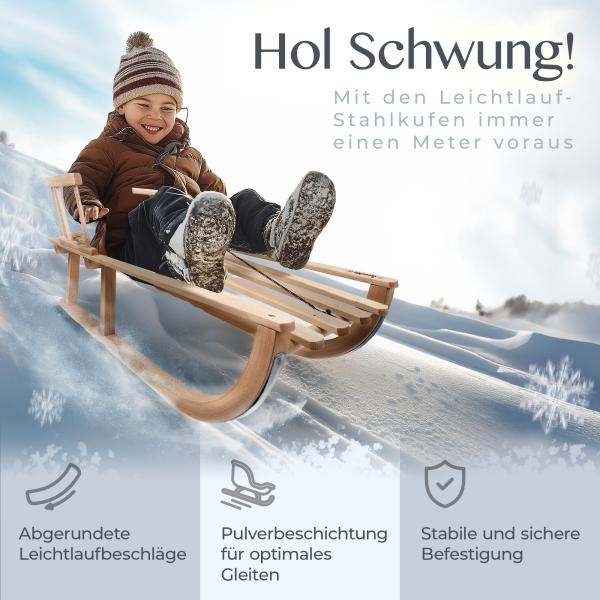 BAMBINIWELT Holzschlitten, Kinderschlitten mit Rückenlehne + Zugleine aus Holz