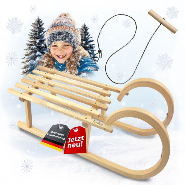 BAMBINIWELT Holzschlitten, Hörnerrodel mit Zugseil, aus naturlackierten Buchenholz, Metallkufen,100cm