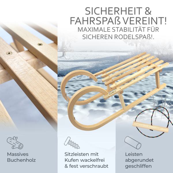 BAMBINIWELT Holzschlitten, Hörnerrodel mit Zugseil, aus naturlackierten Buchenholz, Metallkufen,100cm