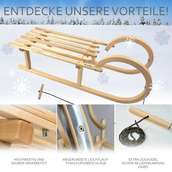 BAMBINIWELT Holzschlitten, Hörnerrodel mit Zugseil, aus naturlackierten Buchenholz, Metallkufen,100cm