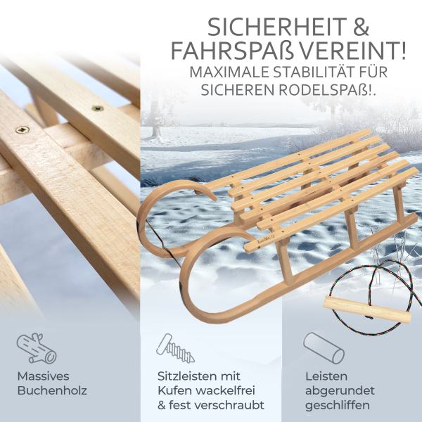 BAMBINIWELT Holzschlitten, Hörnerrodel mit Zugseil, aus naturlackierten Buchenholz, Metallkufen,120cm