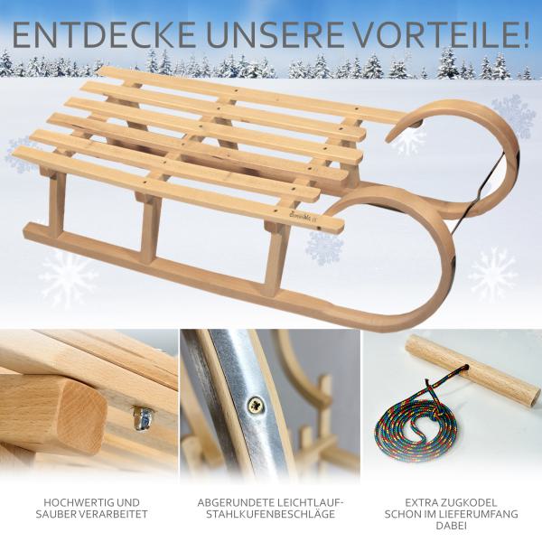 BAMBINIWELT Holzschlitten, Hörnerrodel mit Zugseil, aus naturlackierten Buchenholz, Metallkufen,120cm