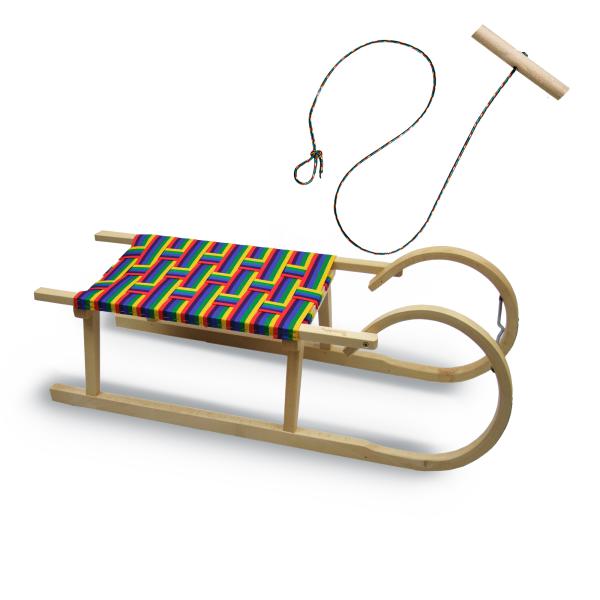 BAMBINIWELT Holzschlitten, Hörnerrodel mit Zugseil, Sitzfläche aus Kunstfasern im Regenbogendesign, 100cm