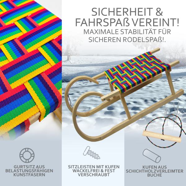 BAMBINIWELT Holzschlitten, Hörnerrodel mit Zugseil, Sitzfläche aus Kunstfasern im Regenbogendesign, 100cm