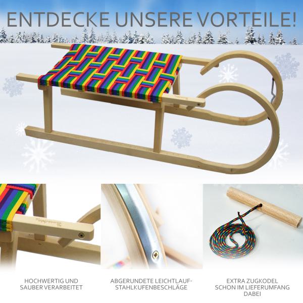 BAMBINIWELT Holzschlitten, Hörnerrodel mit Zugseil, Sitzfläche aus Kunstfasern im Regenbogendesign, 100cm