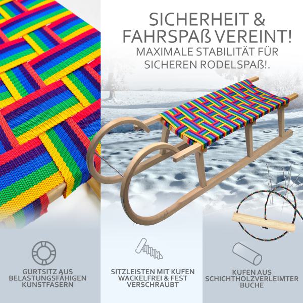 BAMBINIWELT Holzschlitten, Hörnerrodel mit Zugseil, Sitzfläche aus Kunstfasern im Regenbogendesign, 120cm