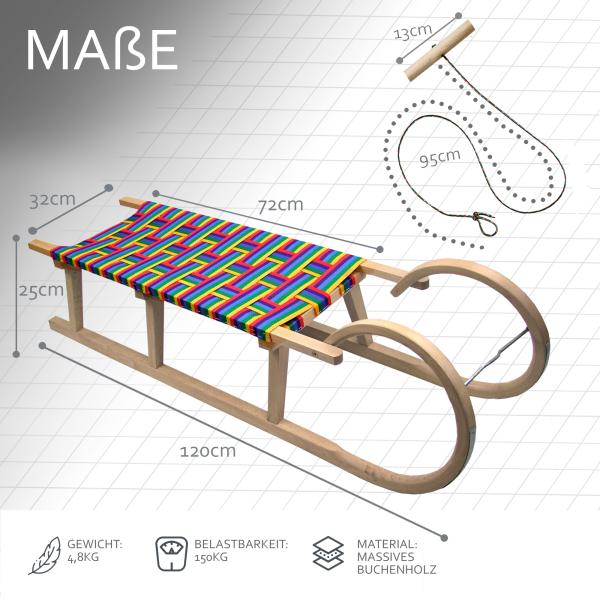 BAMBINIWELT Holzschlitten, Hörnerrodel mit Zugseil, Sitzfläche aus Kunstfasern im Regenbogendesign, 120cm