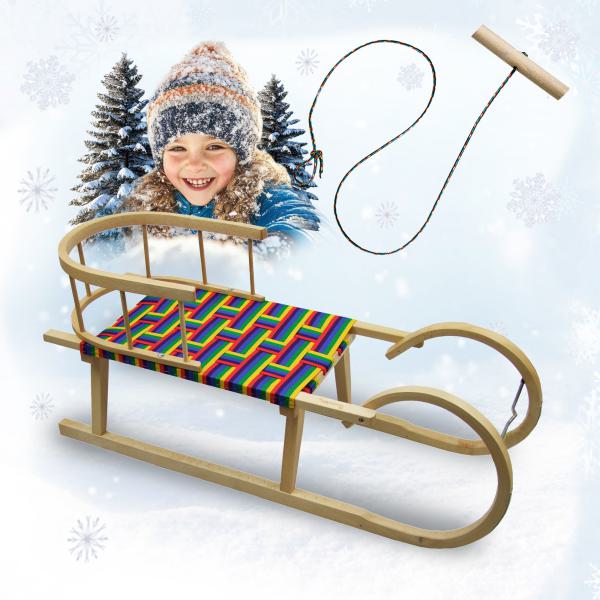 BAMBINIWELT Holzschlitten, Hörnerrodel mit Rückenlehne und Zugseil, Sitzfläche aus Kunstfasern im Regenbogendesign, 100cm