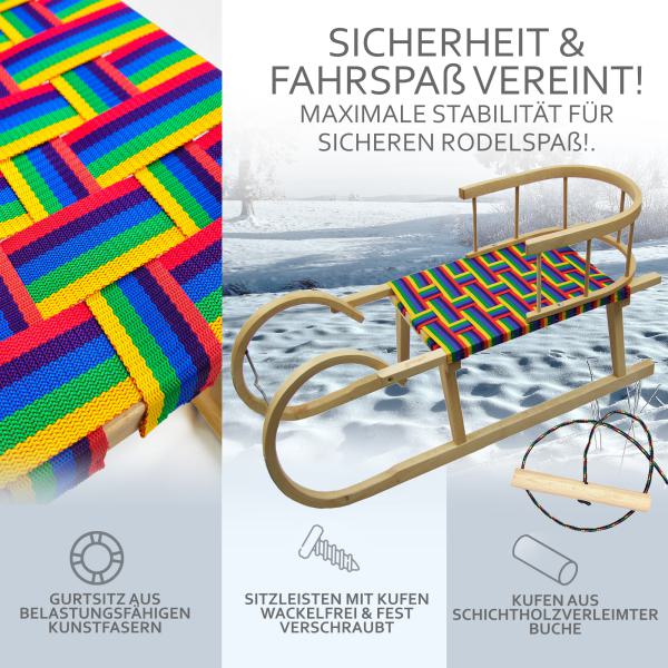 BAMBINIWELT Holzschlitten, Hörnerrodel mit Rückenlehne und Zugseil, Sitzfläche aus Kunstfasern im Regenbogendesign, 100cm