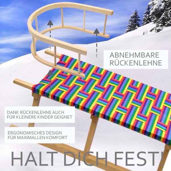 BAMBINIWELT Holzschlitten, Hörnerrodel mit Zugseil und Rückenlehne, Sitzfläche aus Kunstfasern im Regenbogendesign, 120cm
