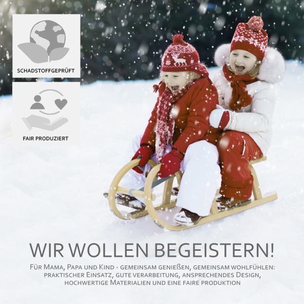 BAMBINIWELT Holzschlitten, Hörnerrodel mit Zugseil und Rückenlehne, Sitzfläche aus Kunstfasern im Regenbogendesign, 120cm