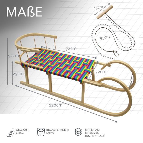 BAMBINIWELT Holzschlitten, Hörnerrodel mit Zugseil und Rückenlehne, Sitzfläche aus Kunstfasern im Regenbogendesign, 120cm