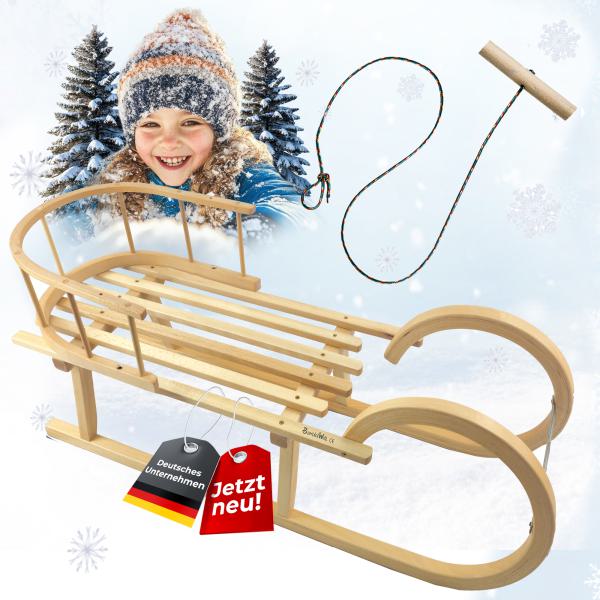 BAMBINIWELT Holzschlitten, Hörnerrodel mit Rückenlehne und Zugseil, aus naturlackierten Buchenholz, Metallkufen, 100cm