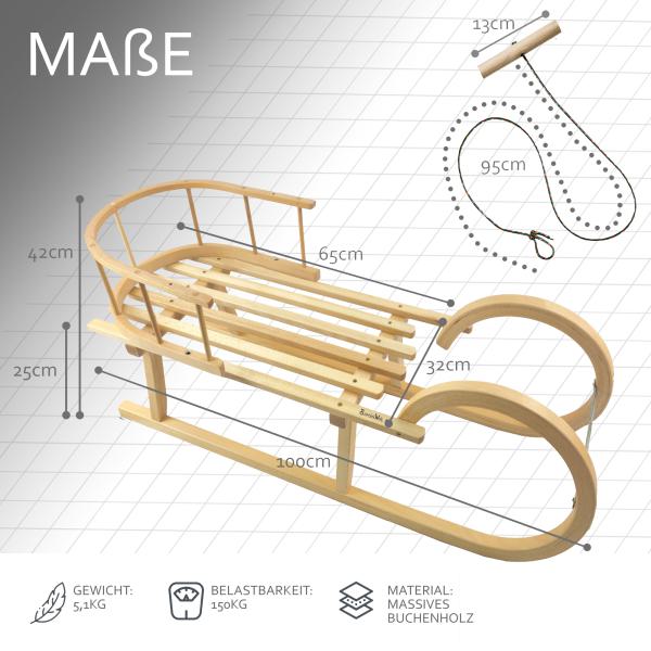BAMBINIWELT Holzschlitten, Hörnerrodel mit Rückenlehne und Zugseil, aus naturlackierten Buchenholz, Metallkufen, 100cm
