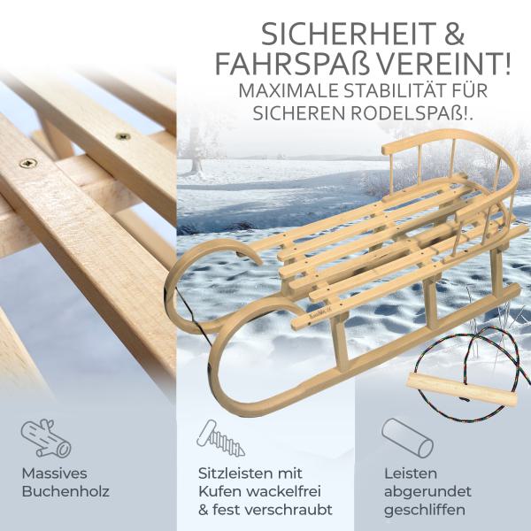 BAMBINIWELT Holzschlitten, Hörnerrodel mit Rückenlehne und Zugseil, aus naturlackierten Buchenholz, Metallkufen, 120cm