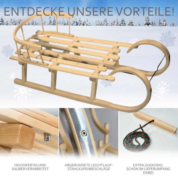 BAMBINIWELT Holzschlitten, Hörnerrodel mit Rückenlehne und Zugseil, aus naturlackierten Buchenholz, Metallkufen, 120cm