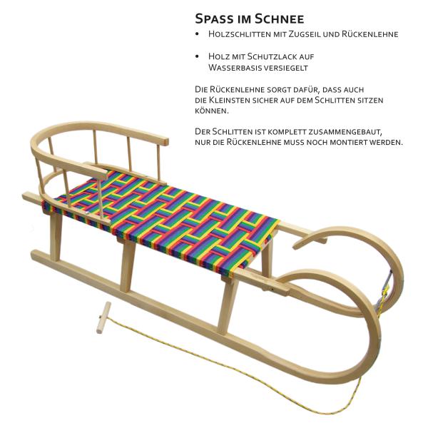 BAMBINIWELT Holzschlitten, Hörnerrodel mit Zugseil und Rückenlehne, Sitzfläche aus Kunstfasern im Regenbogendesign, 120cm